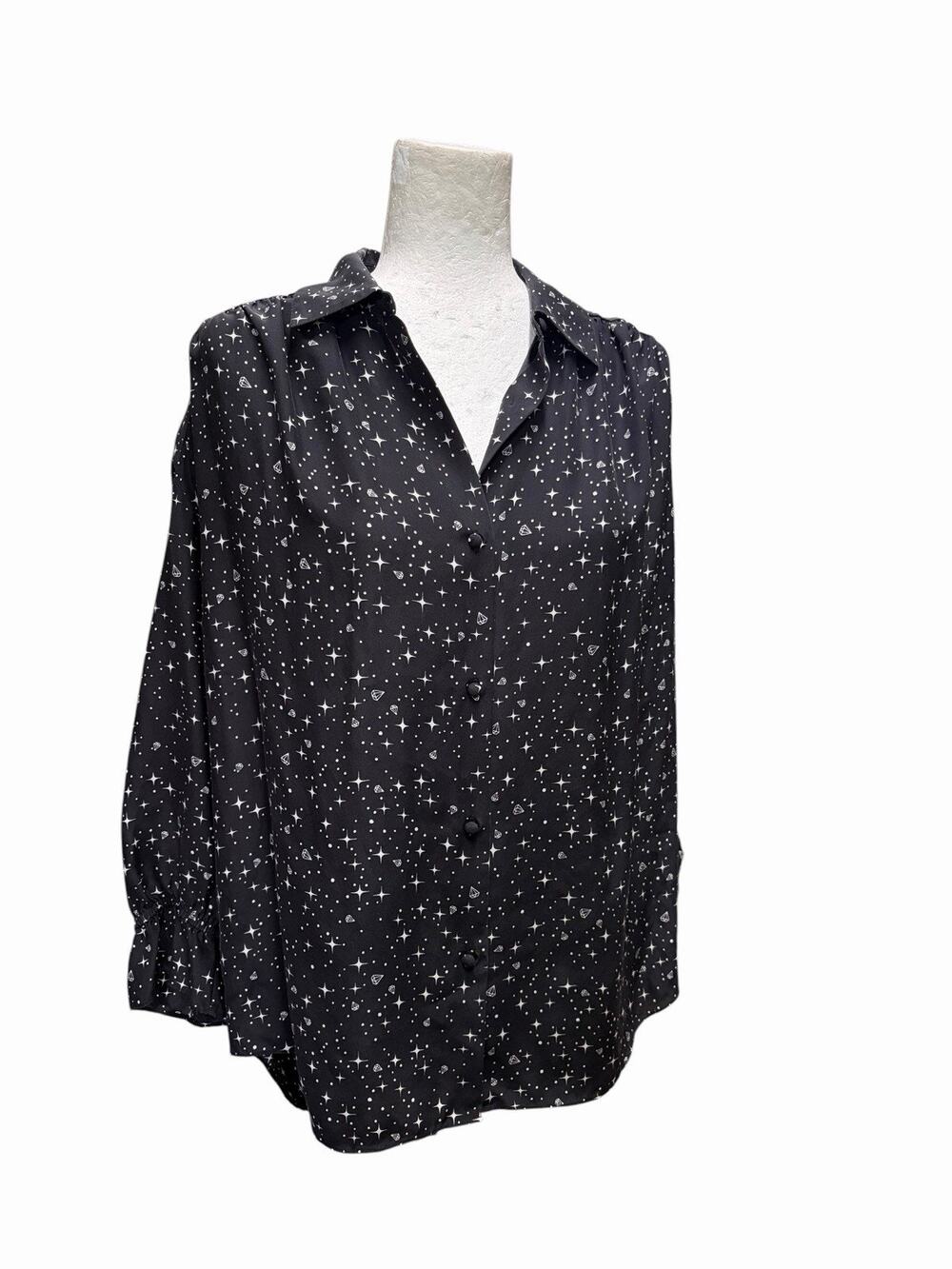 $315 Frame Noir Diamond Sky 100% Silk Blouse Celestial Black Oversized Small